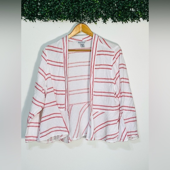 Tommy Bahama Linen Jacket Womens XL Marcella Stripe Bell Sleeve Pink - Picture 1 of 10